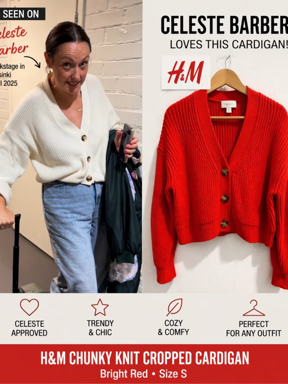 H&M Chunky Knit Cropped Cardigan Bright Red Size S